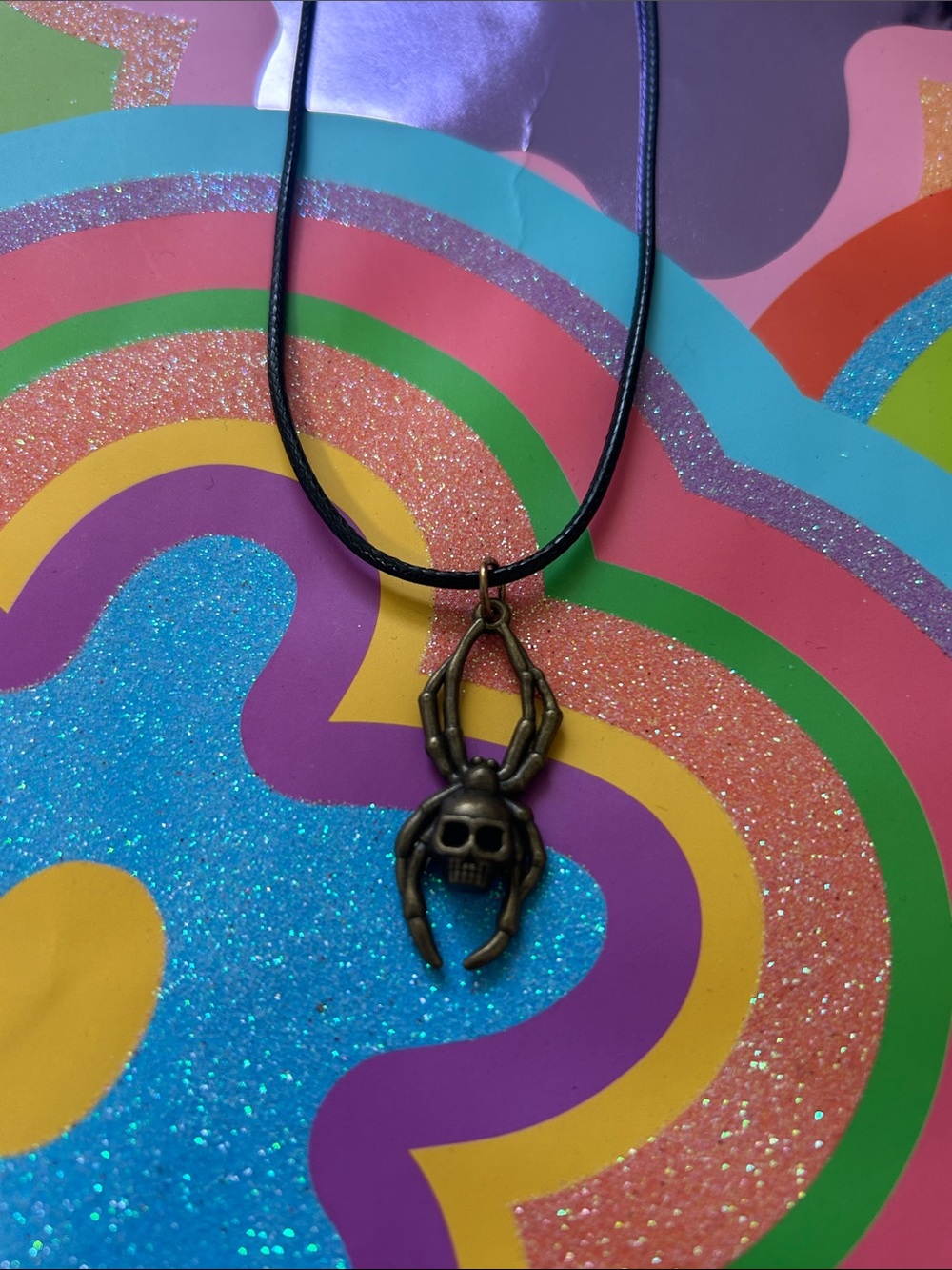 Leather Cord Necklace with Bronze Skull & Scorpion Pendant - Black